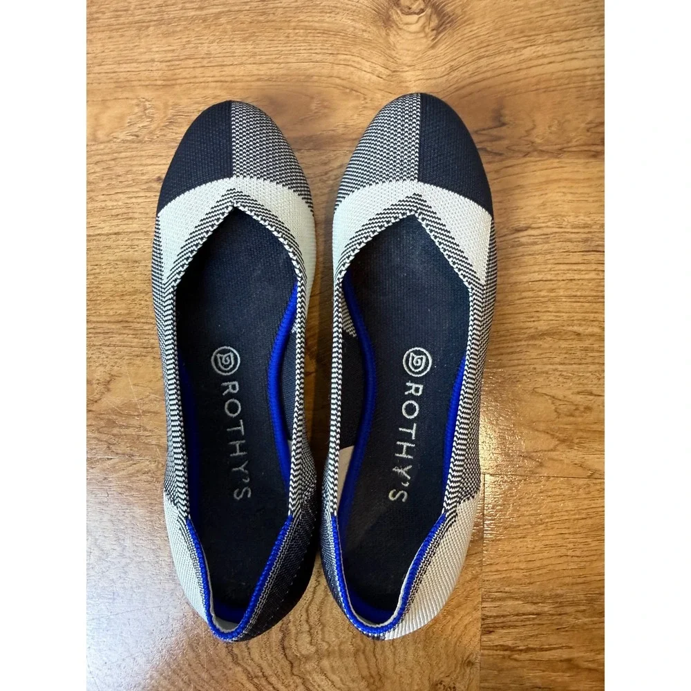 Rothys The Flat Black White Mixed Block Knit Ballet Flats Womens 8.5